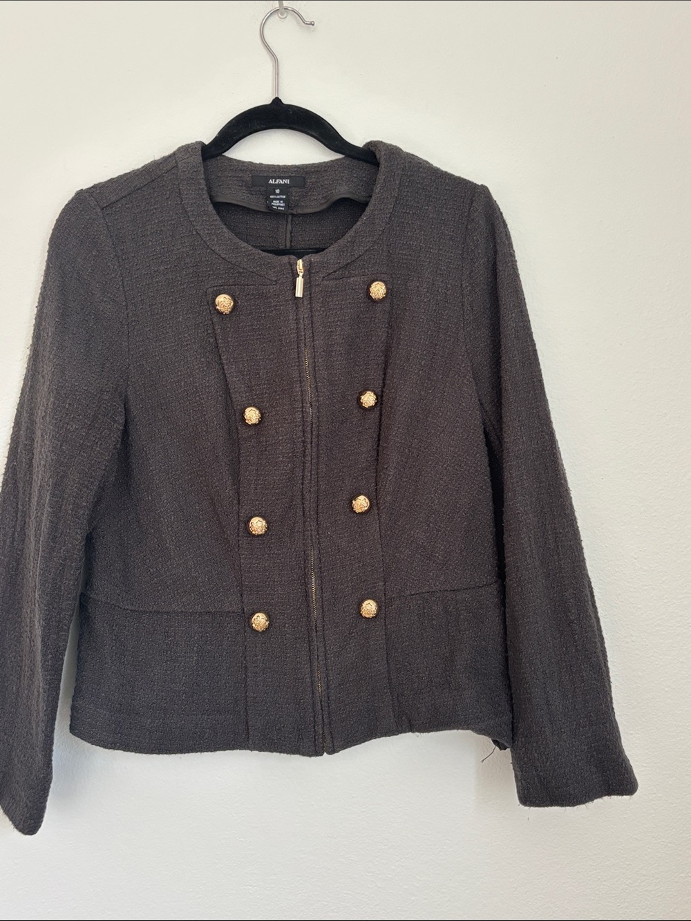 Gray Textured Tweed Double-Breasted Jacket with Gold Buttons
